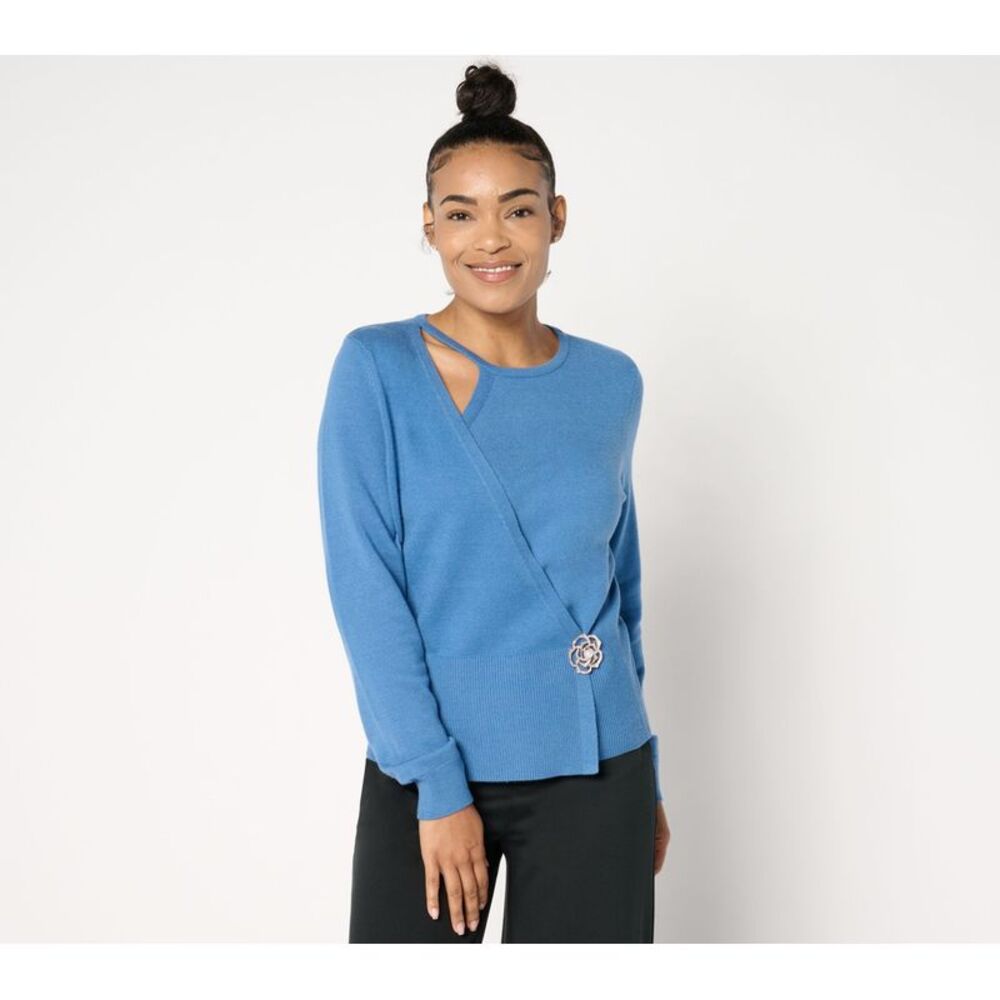 Wacoal Women's Top Plus Sz Sweater 4X Cut Out Rose Brooch Blue A671311